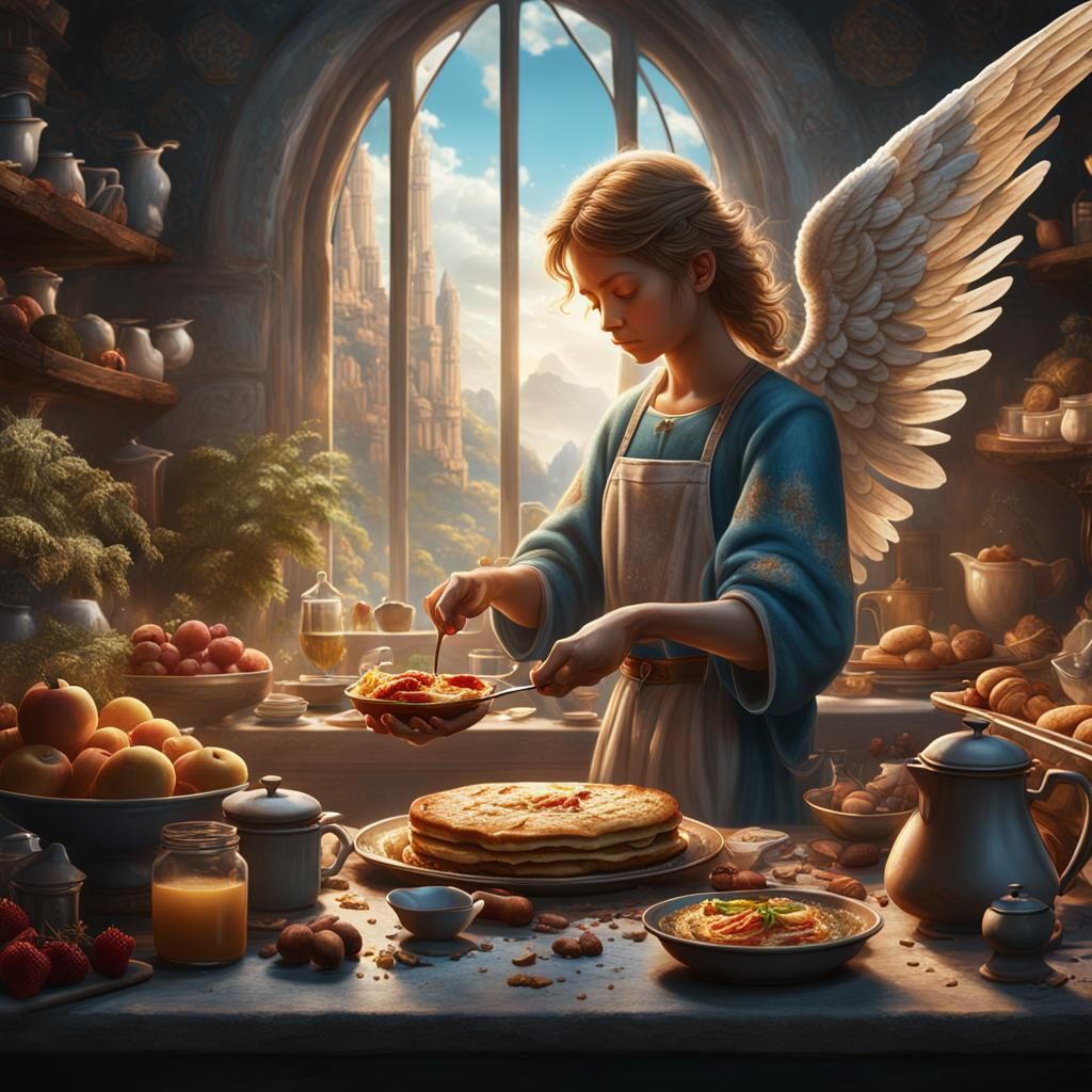 Angel Making Breakfast: Detailed Fantasy Concept Art