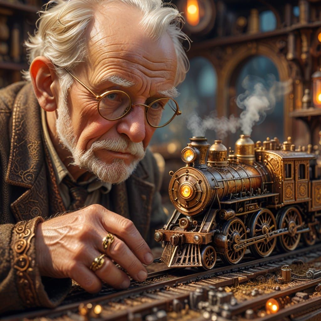 Steampunk Steam Train Model in Vibrant Oil Painting Style