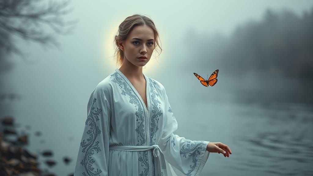 Ethereal Woman by River's Edge in Cinematic Realism