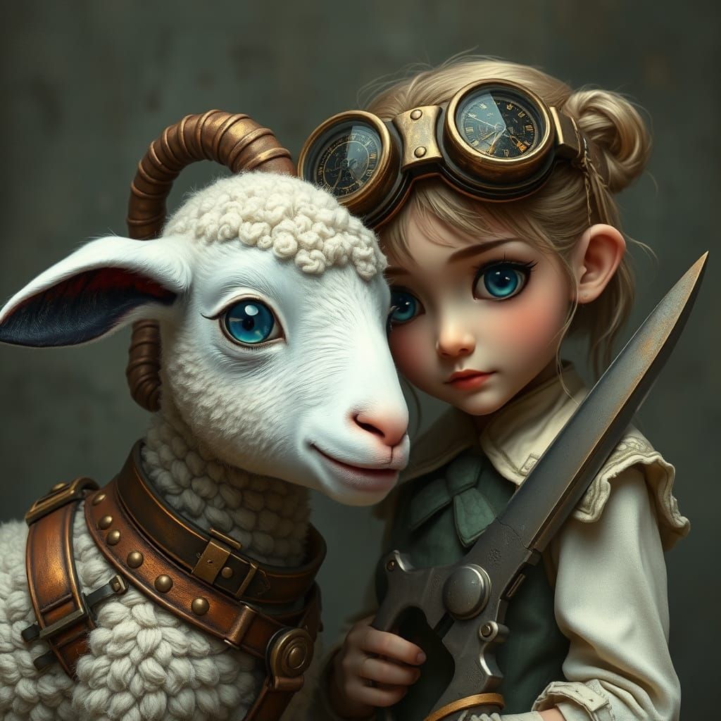 Steampunk Lamb and Girl with Shears in Syd Mead Style