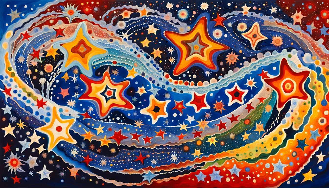 Opalescent Stars in Aboriginal Dreamtime Painting Style
