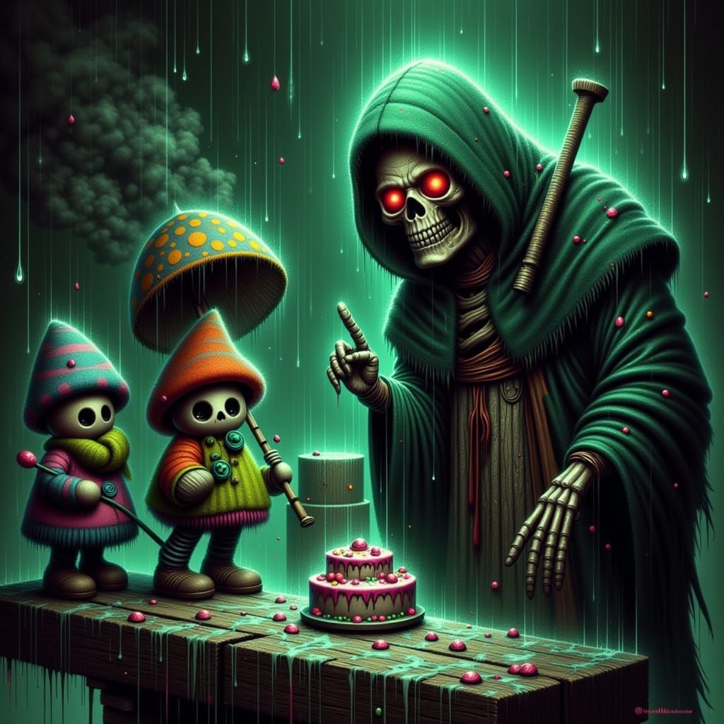 Grim Reaper Offers Cake or Death in Surreal Digital Painting