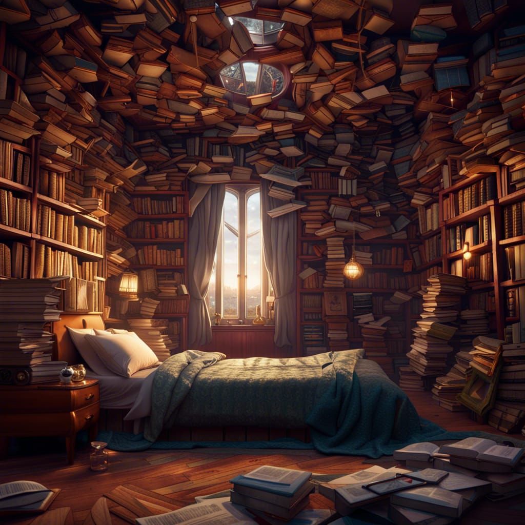Surreal Bedroom Made of Books: Fantasy Concept Art