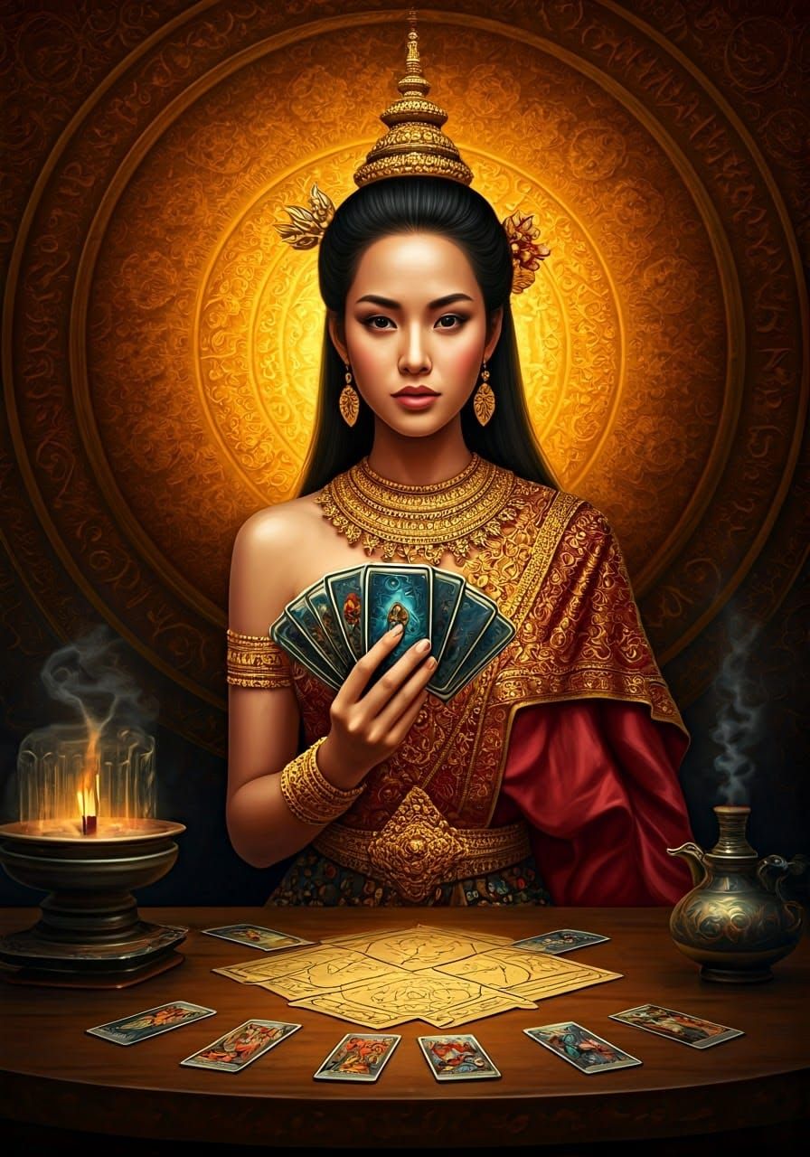 Thai Tarot Card Reader in Golden Oil Painting Style