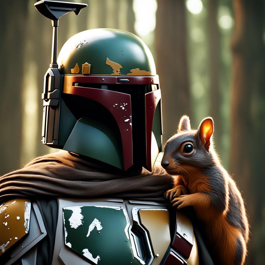 Boba Fett Holding Squirrel: Hyperrealistic Art