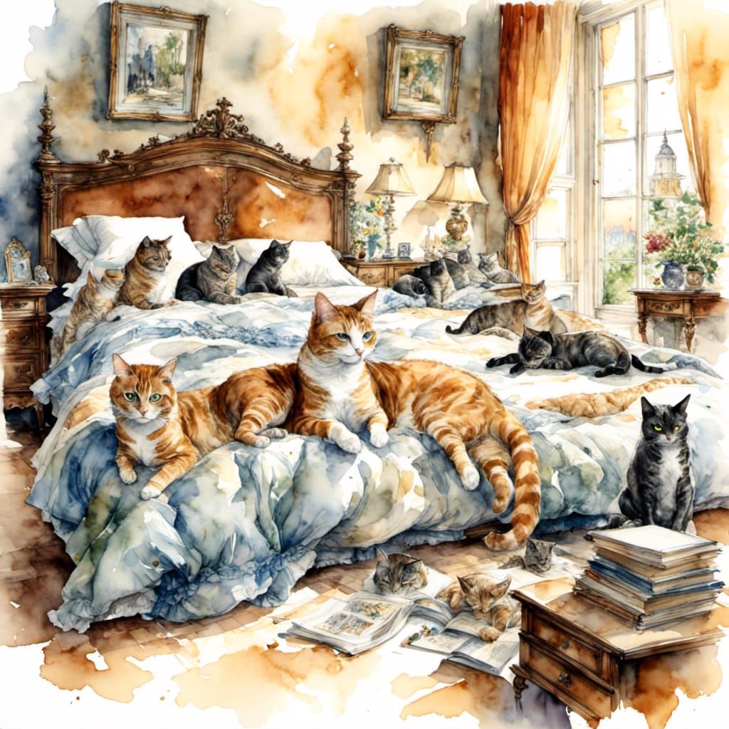 Watercolor Painting of Many Cats on a Bed