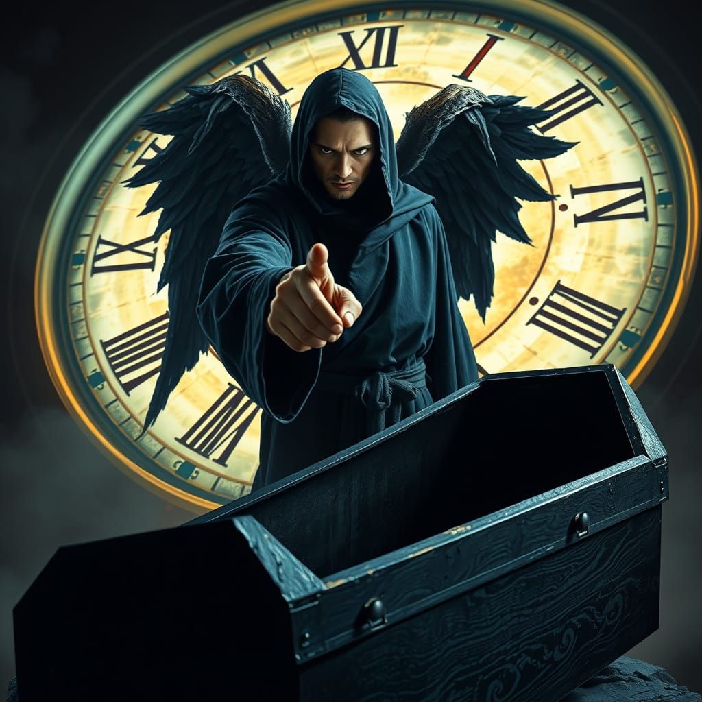 Angel of Death Points to Open Coffin with Clock