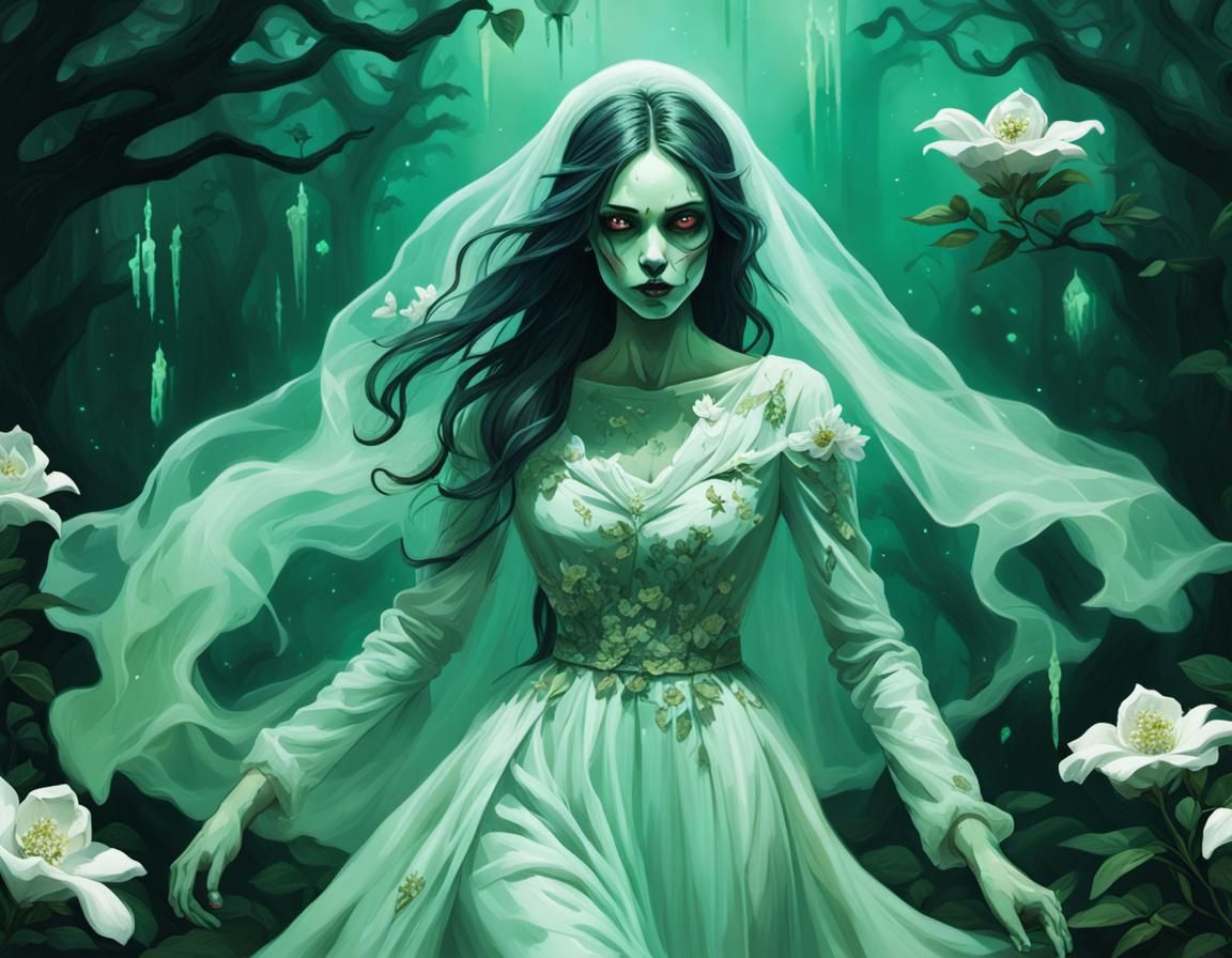 Ethereal Ghost Girl Gliding Through Garden