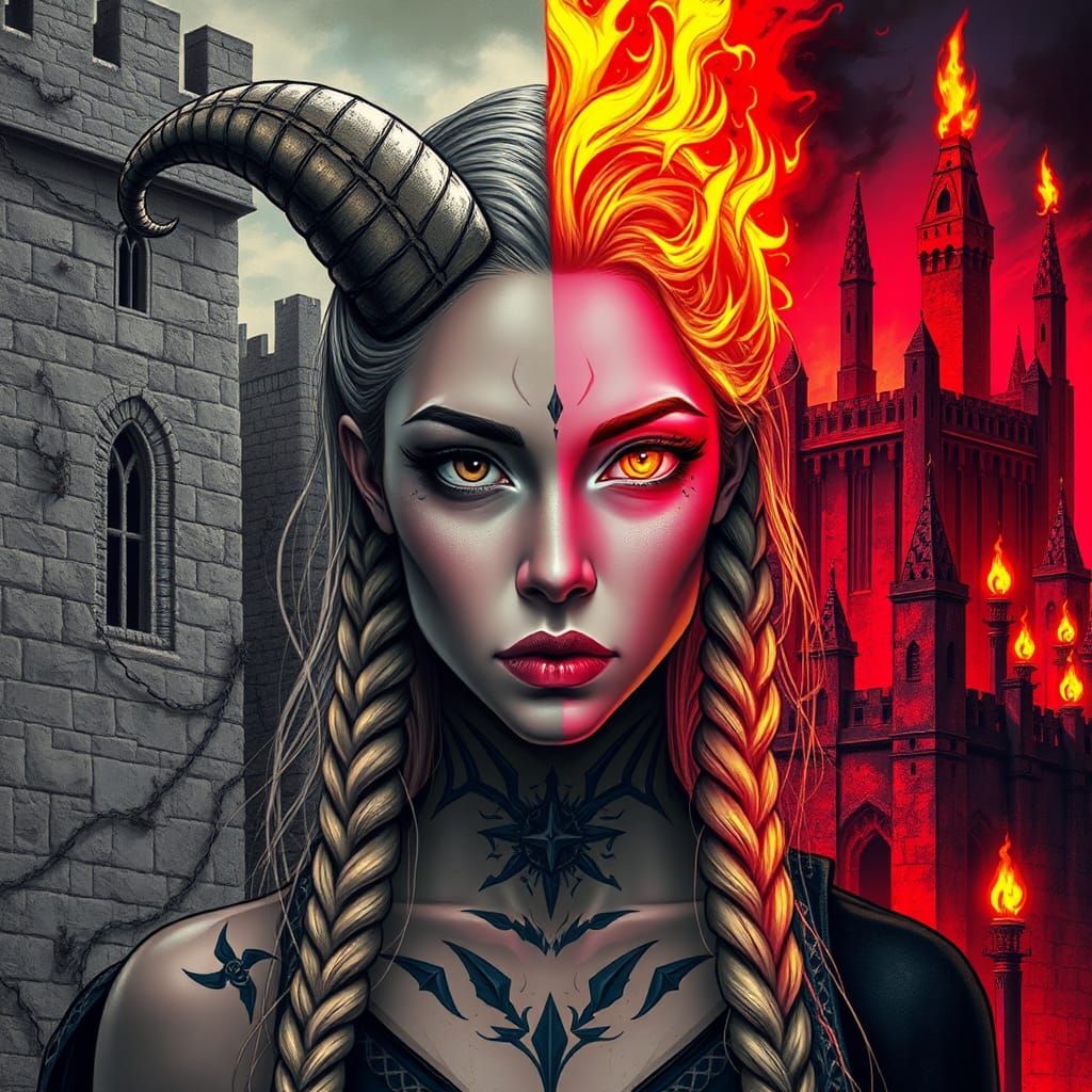 Dual Persona Woman with Contrasting Castles