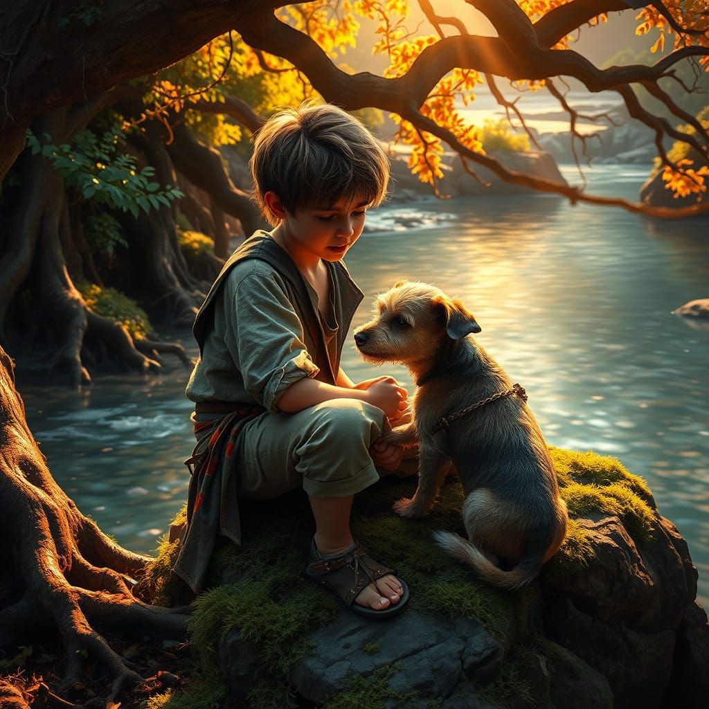 Emotional Boy Finds Solace with Loyal Dog in Enchanted River...