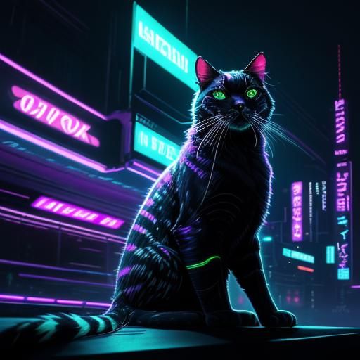 Psychedelic Cat in Cyberpunk Neon Cityscape