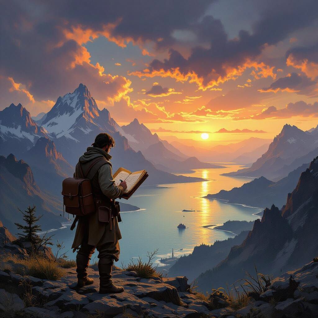 A lone cartographer stands at the edge of a vast, unexplored...