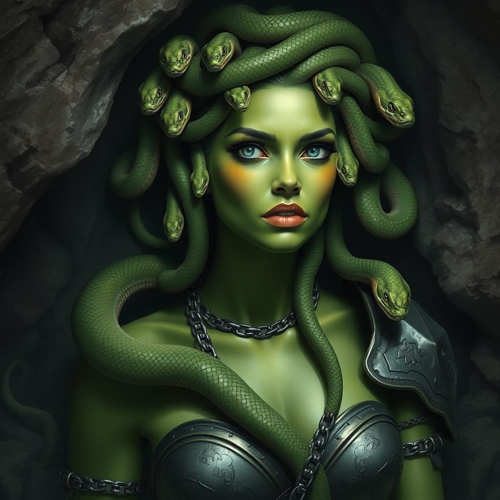 Realistic Medusa with Snakes in Cave