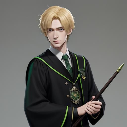 Slytherin Student with Wand in Anime Style