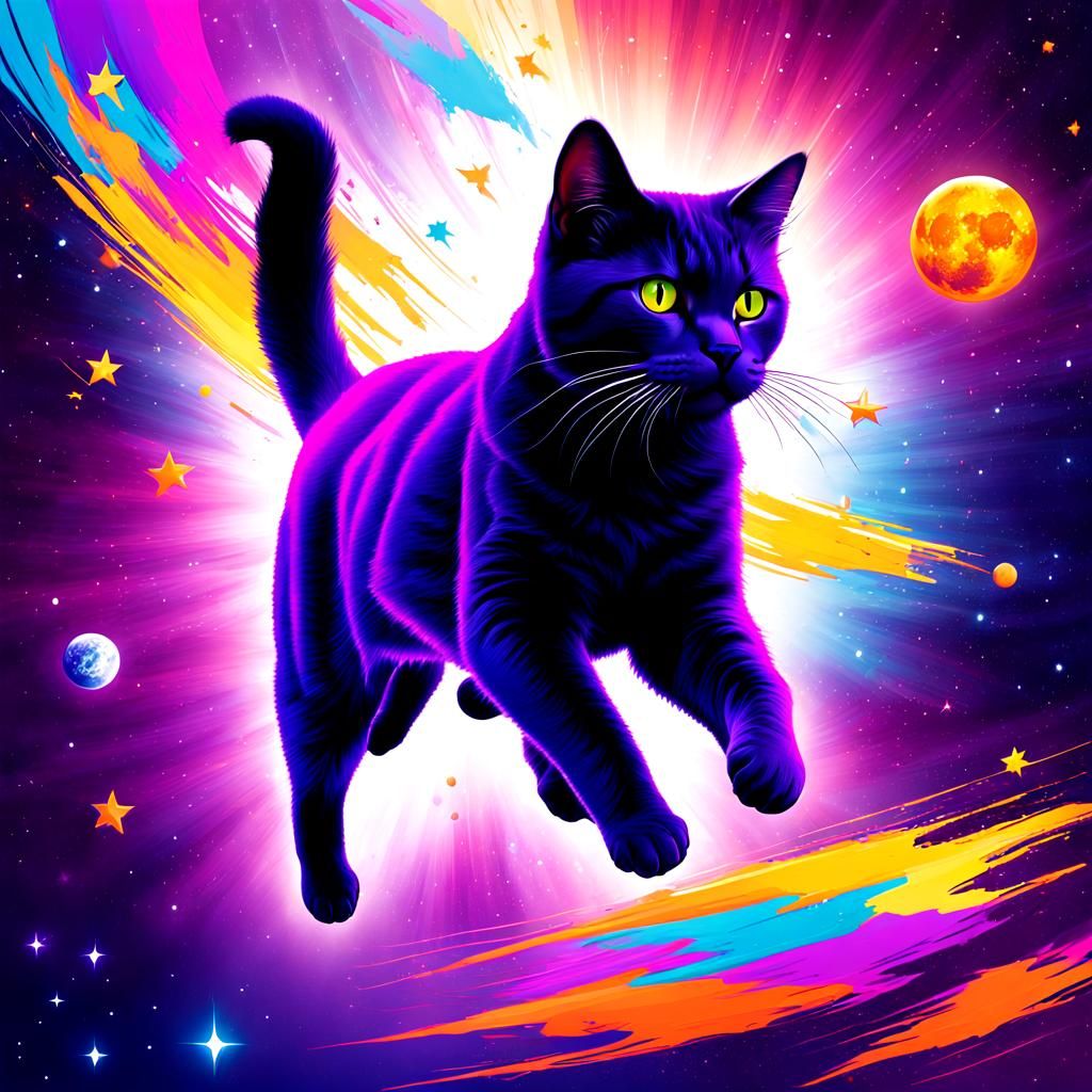 Psychedelic Cat Soaring Through the Universe