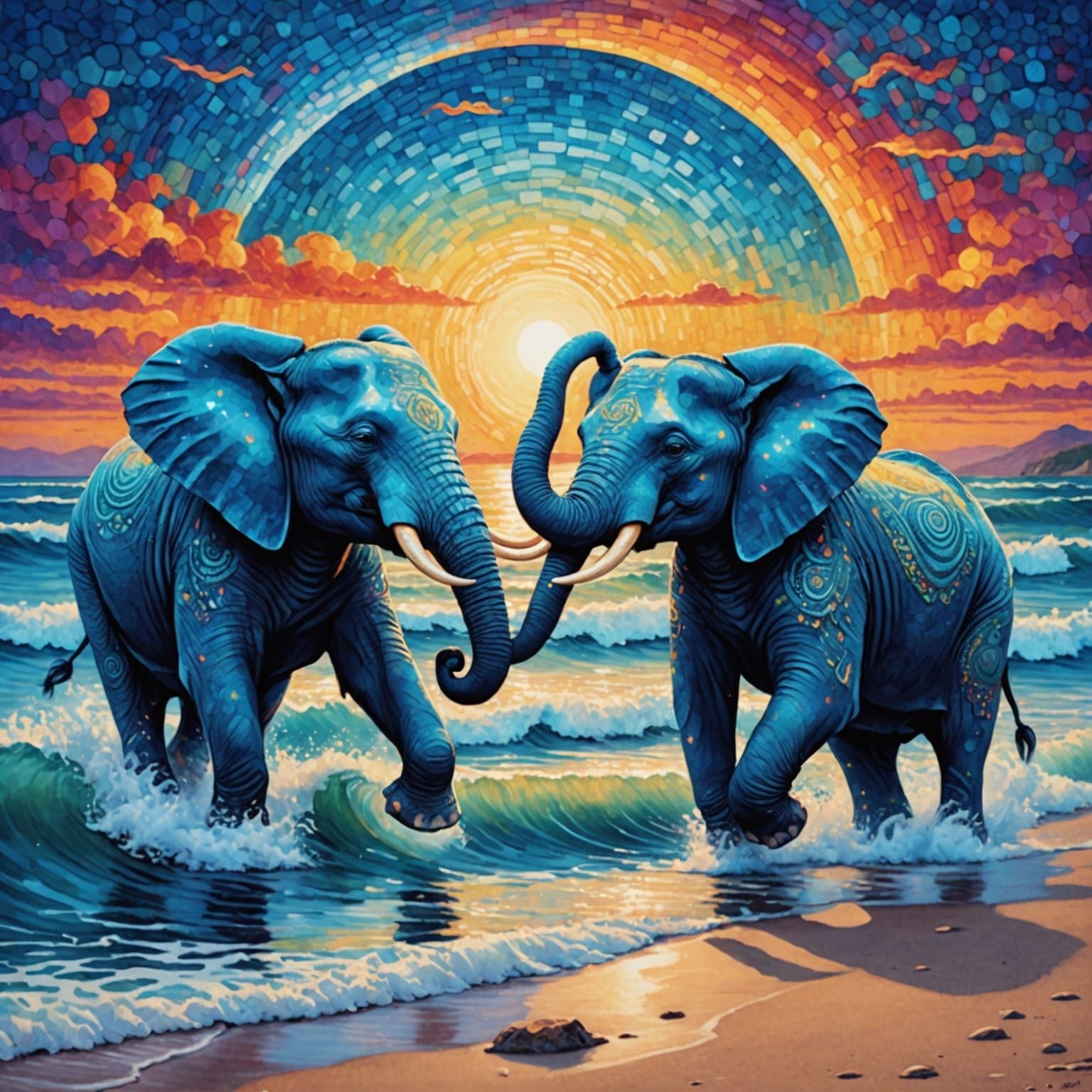 Blue Elephants Run on Beach in Pointillism Style
