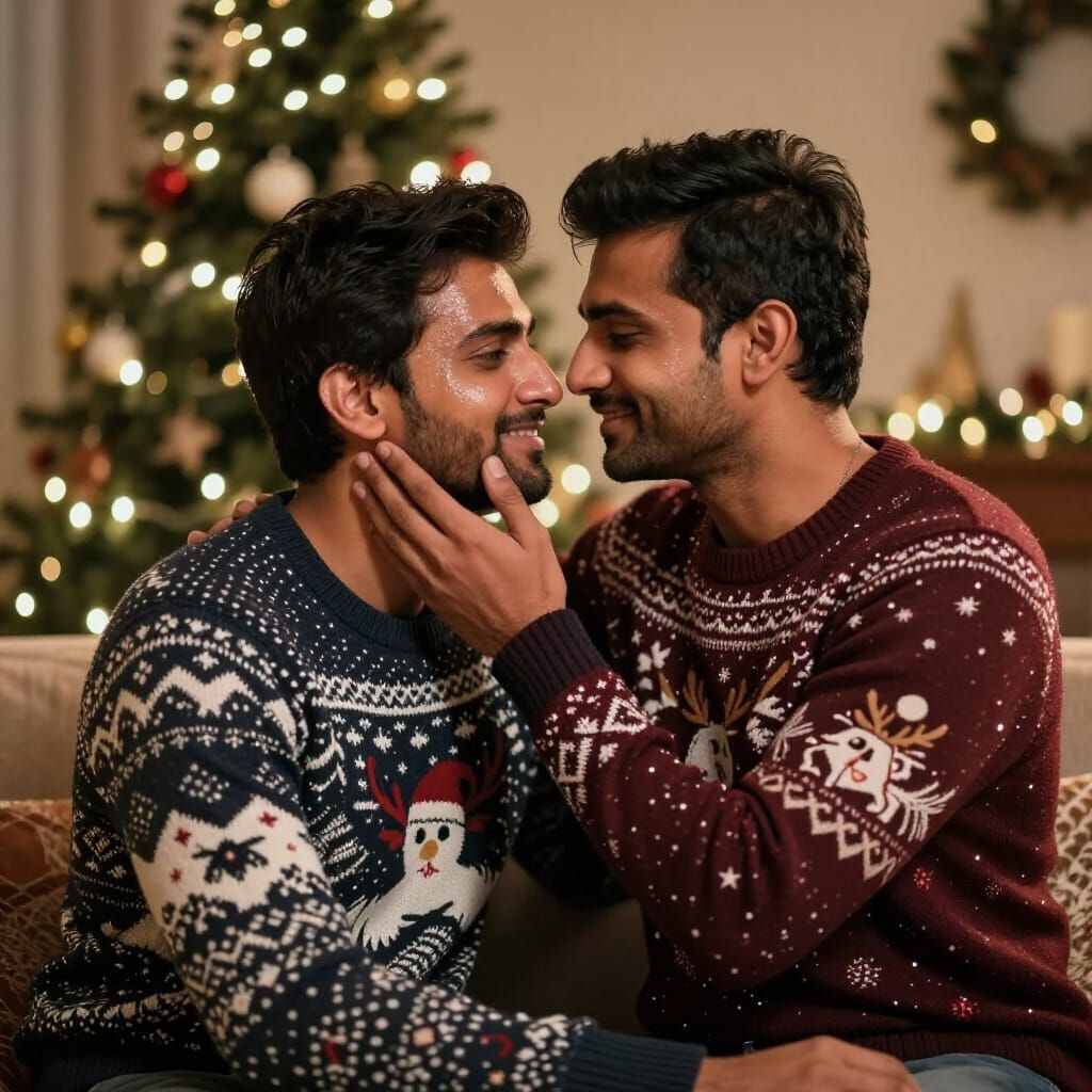 Intimate Christmas Moment Between Two Men