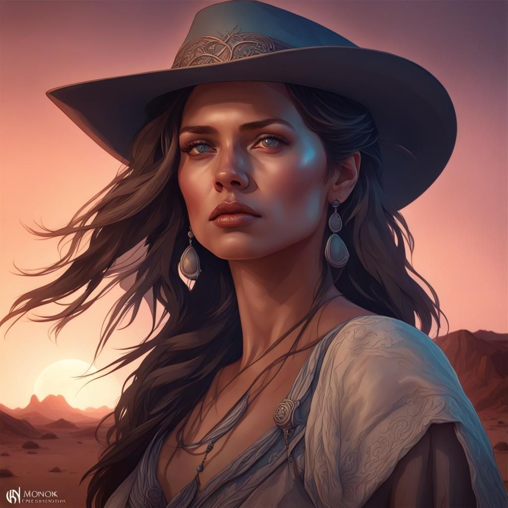 Western Woman Portrait in Desert Landscape, Hyperdetailed Ar...