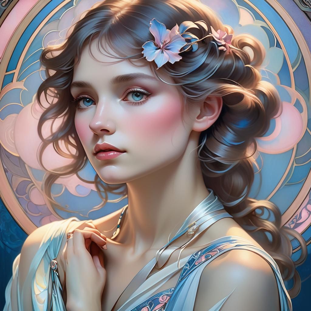 Contemplative Woman: Art Nouveau Portrait in Coral and Teal