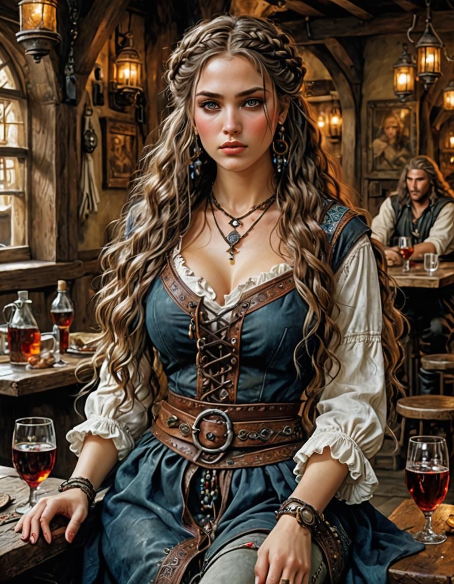 Beautiful Woman in Tavern, Hyper-Realistic Fantasy Art
