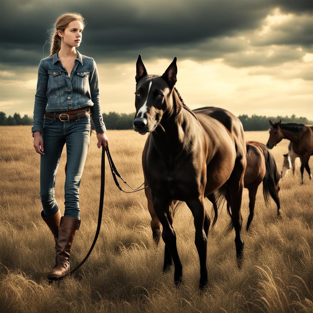 Country Girl and Dog in Horse Field