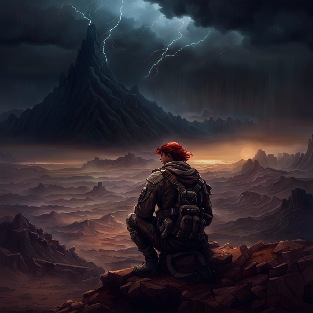 Auburn Soldier Overlooks Desert Wasteland in Fantasy Art