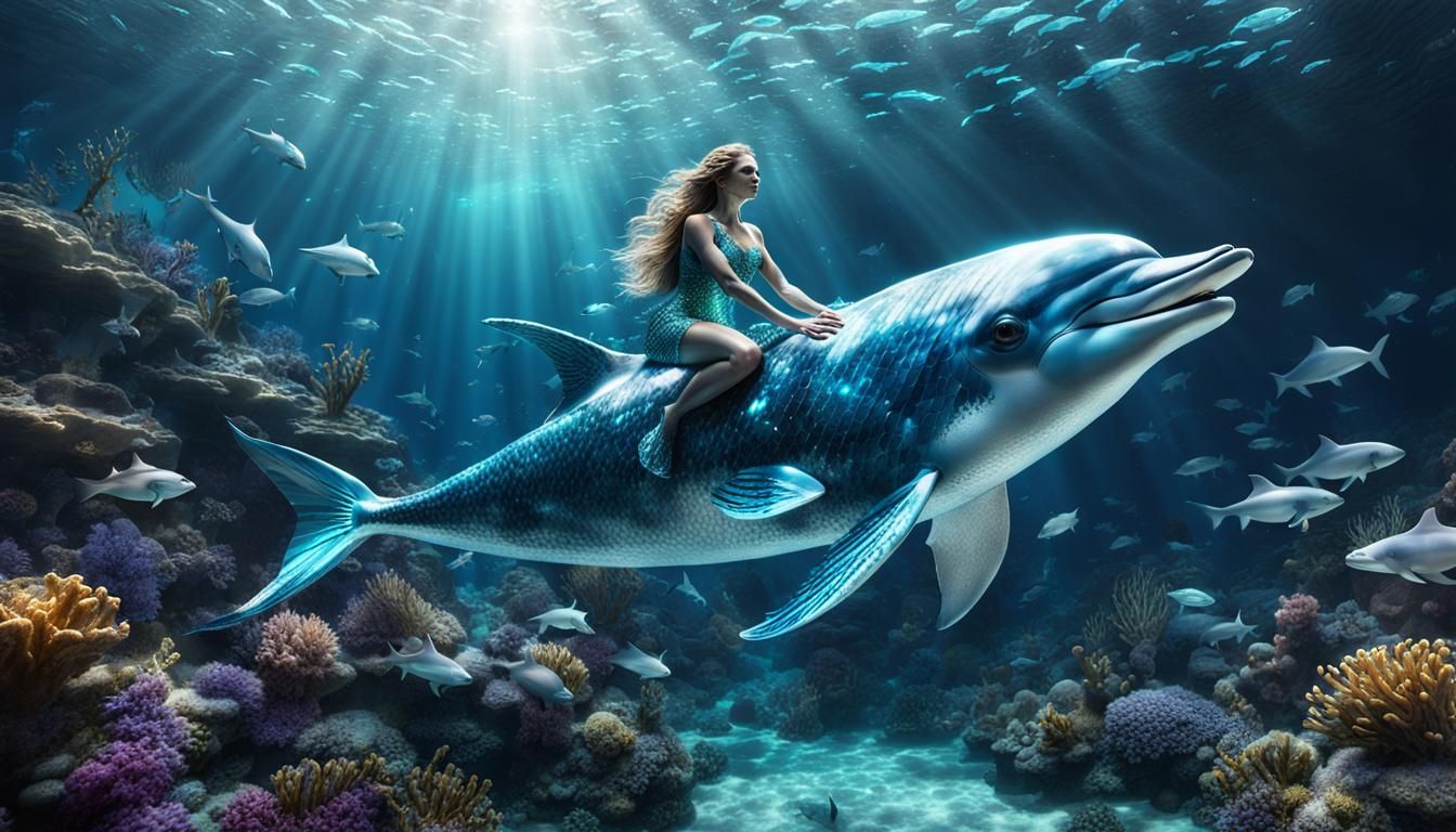 Crystal Mermaid Riding Dolphin: 8K Photorealistic Art