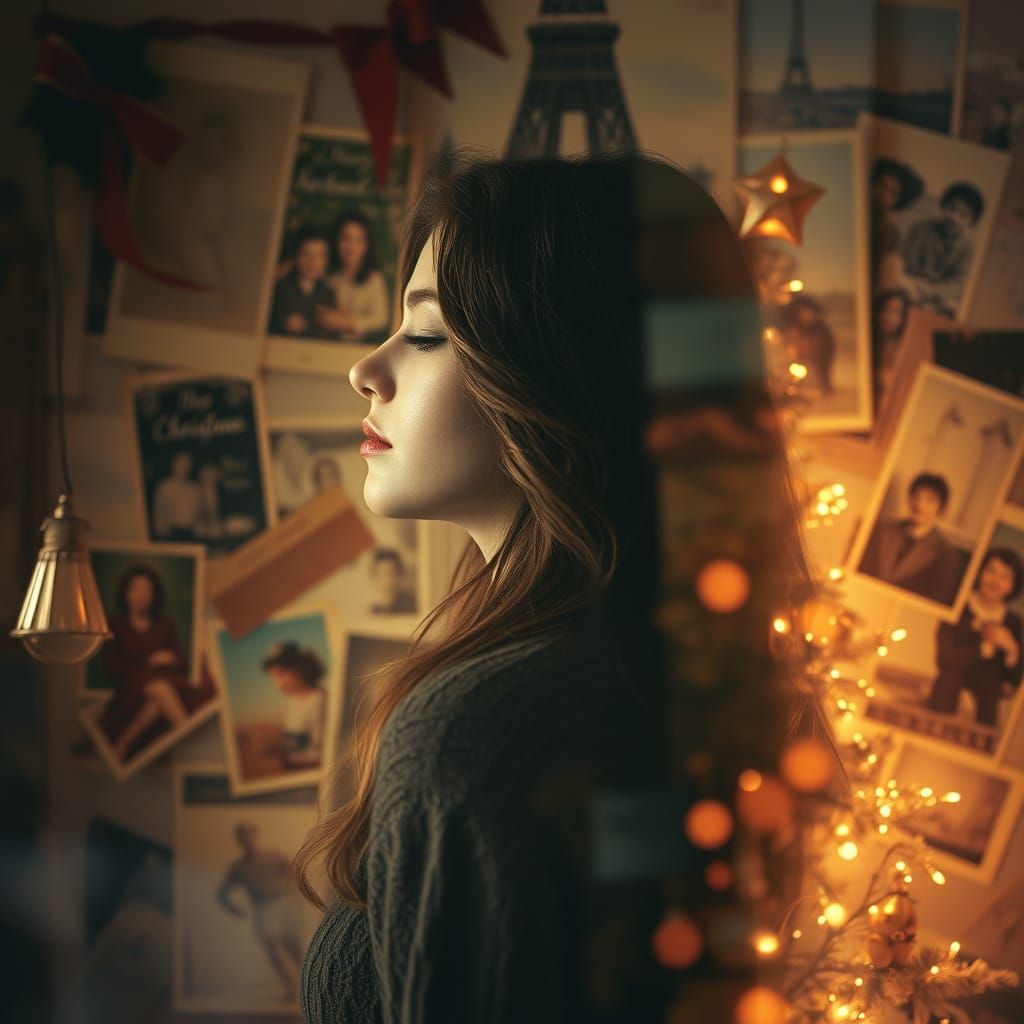 Nostalgic Woman Surrounded by Christmas Memories