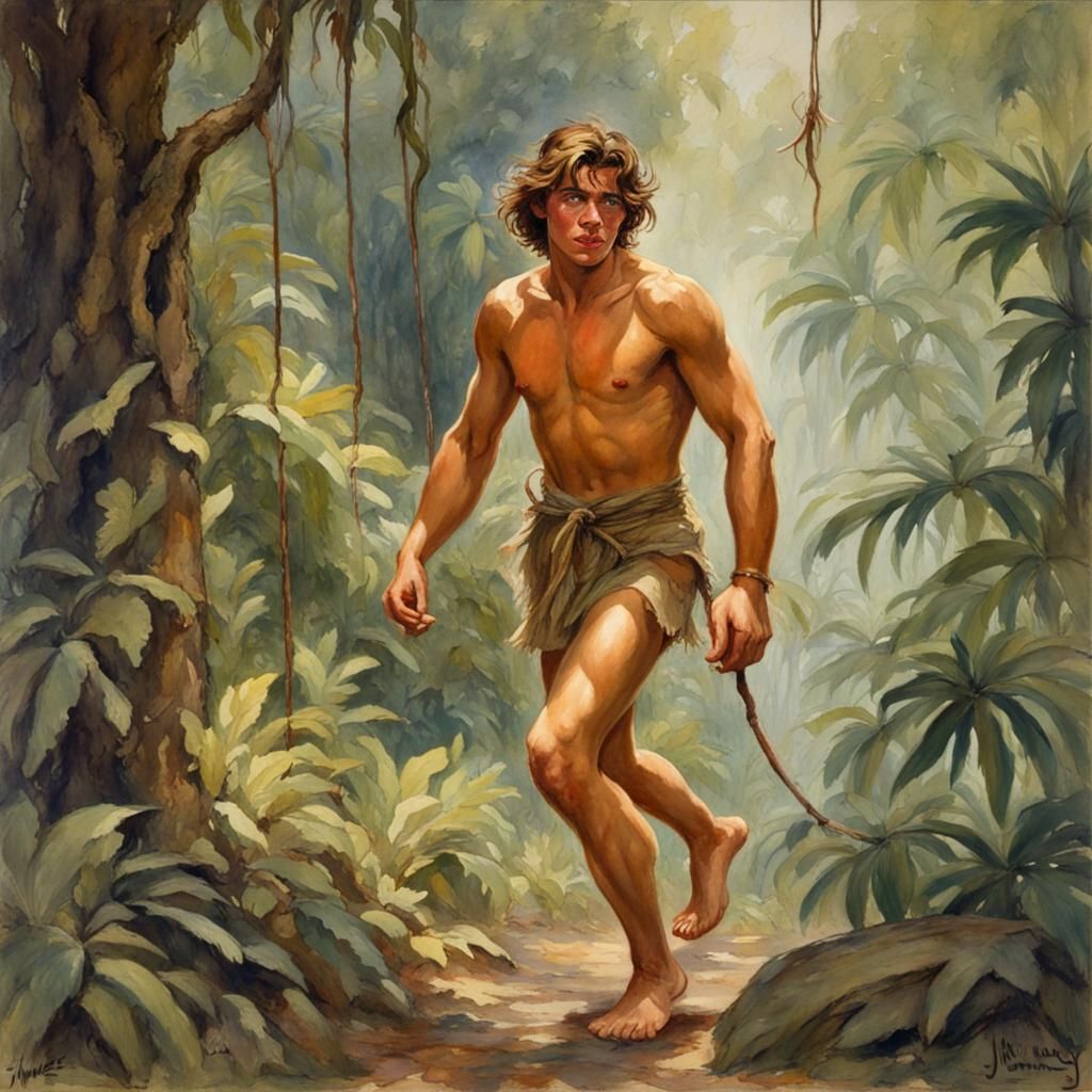 Tarzan Swings Through Jungle: Watercolor Oil Painting