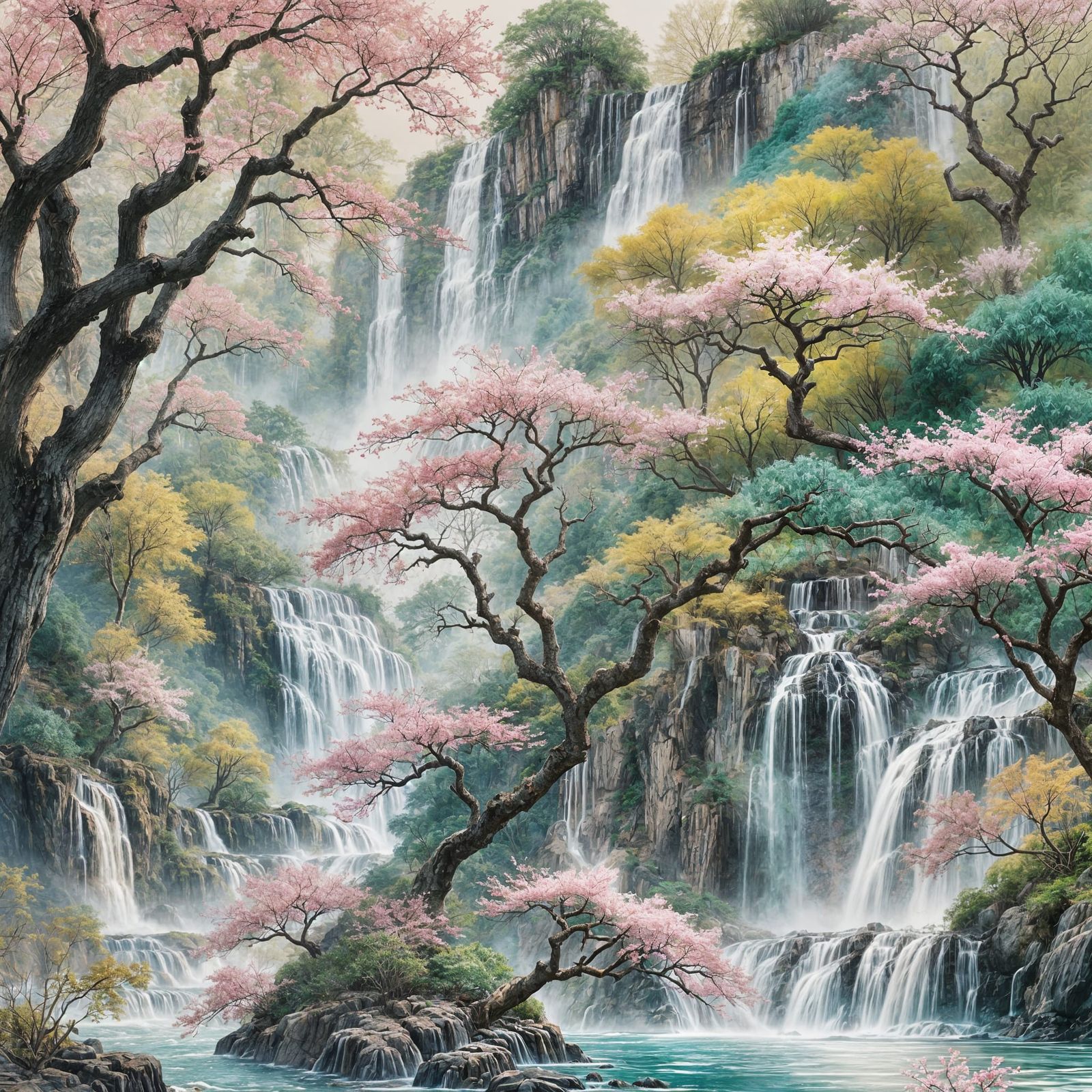 Serene Waterfall Scene in Chinese Ink Painting Style