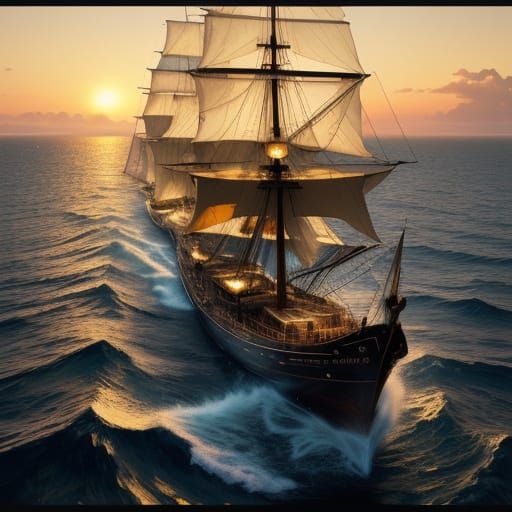 Majestic Sailing Ship at Sunset off Capri in Realism Paintin...