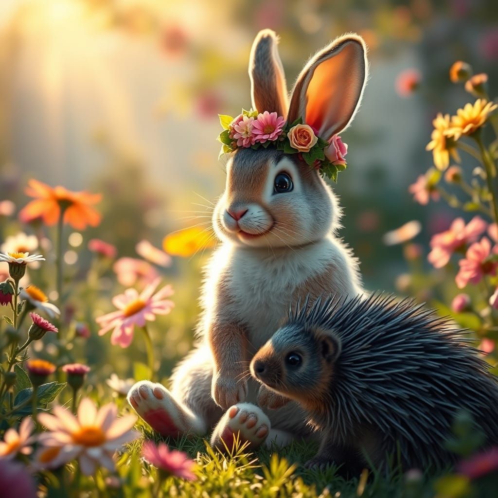 Surreal Bunny Laughing in a Dewy Flower Garden