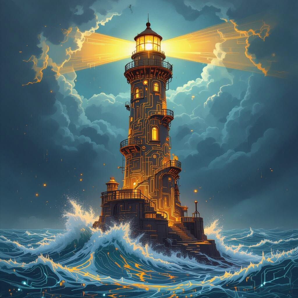 Golden Lighthouse on Cyberpunk Sea, Steampunk Fantasy Art