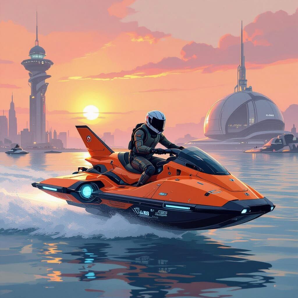 Futuristic Flying Orange Jet Ski in Sci-Fi Arena