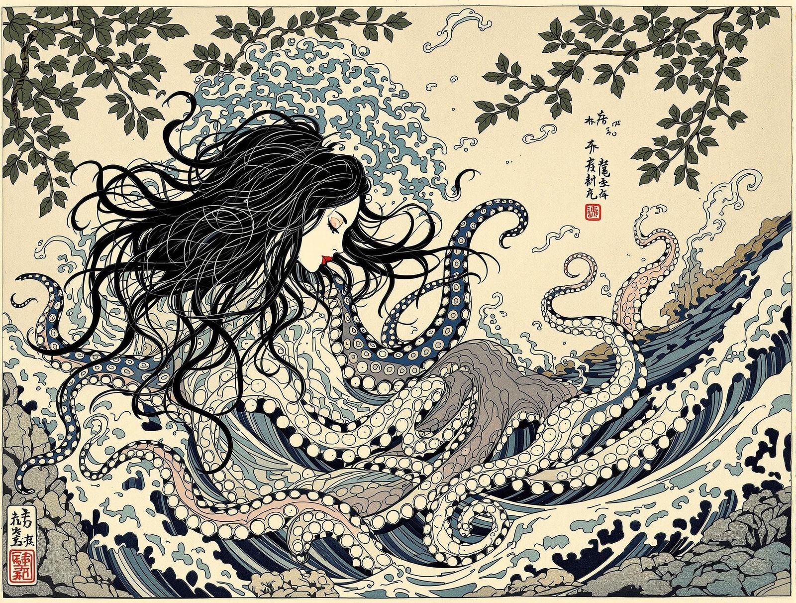 Woman and Octopuses in a Coastal Scene, Traditional Japanese...
