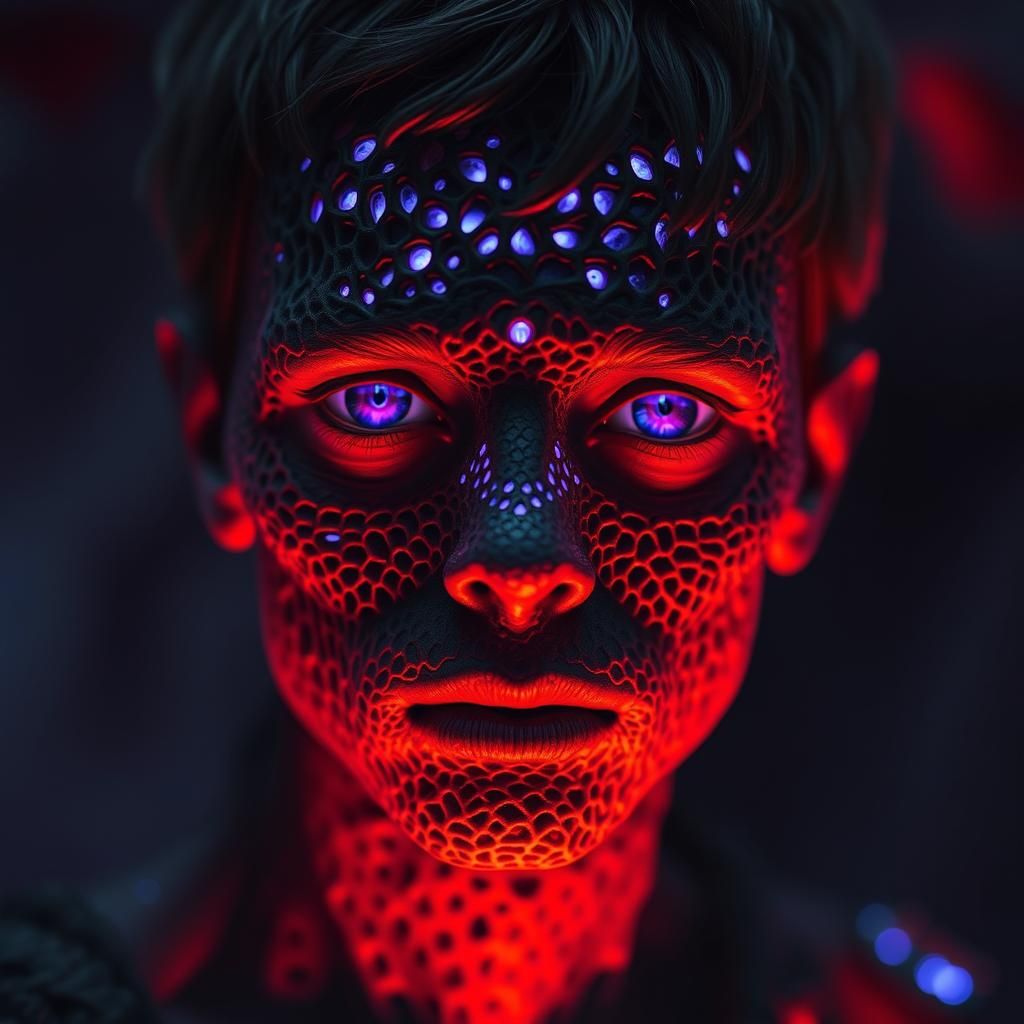 Bioluminescent Man with Honeycomb Face in Psychedelic Style
