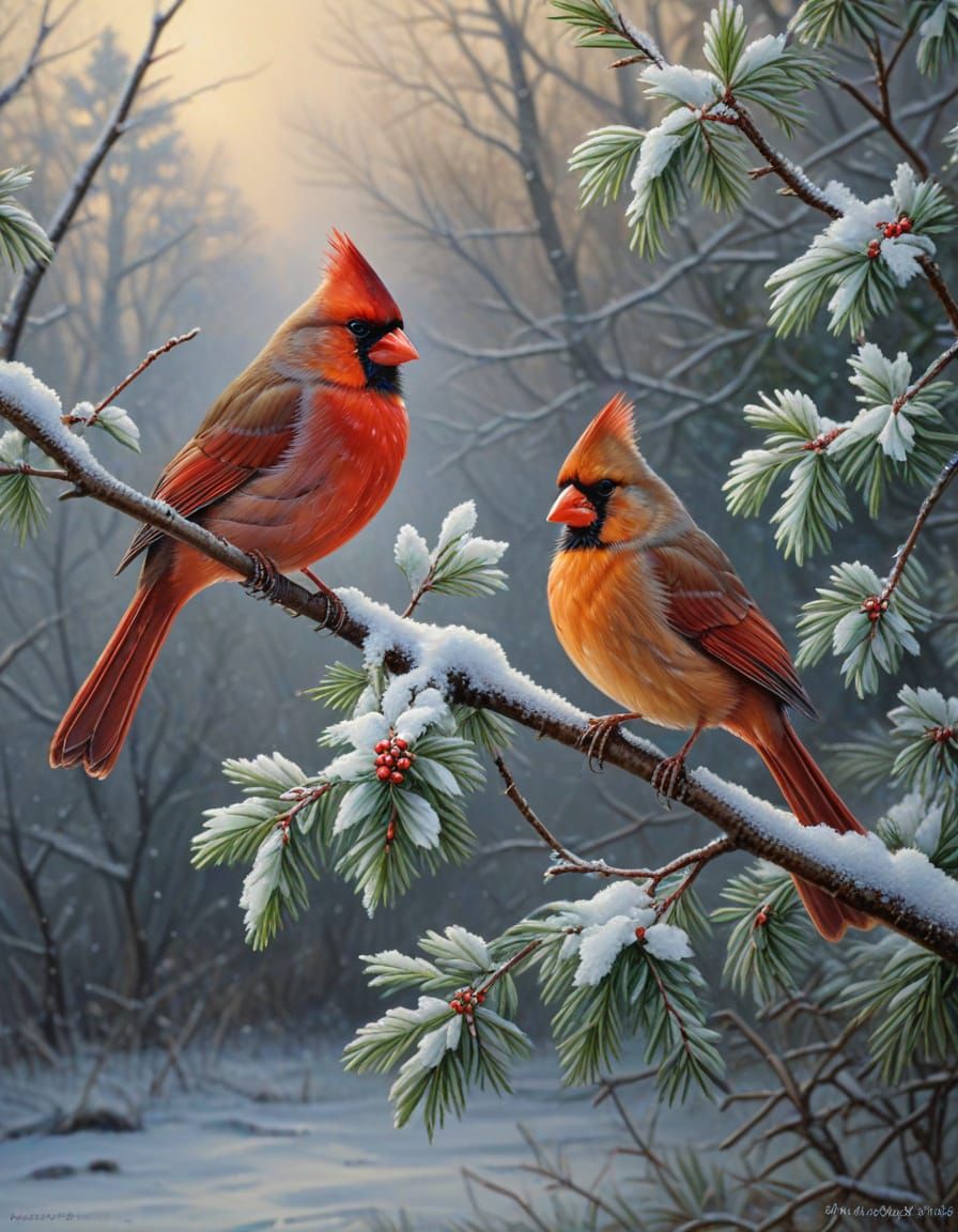 Romantic Cardinals in Snowy Winter Landscape