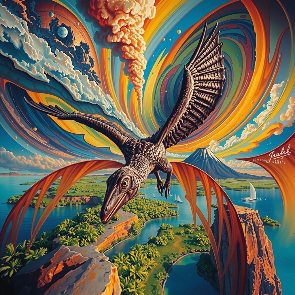 Pterodactyl Over Jurassic Lagoon in Hyperrealism