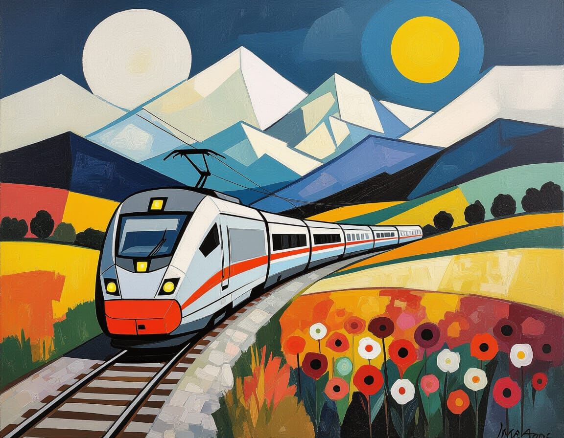 Modern Train in Abstract Landscape, Inspired by Masters