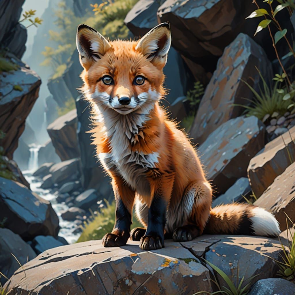 Stylized Watercolor Fox Cub on Rocky Ledge
