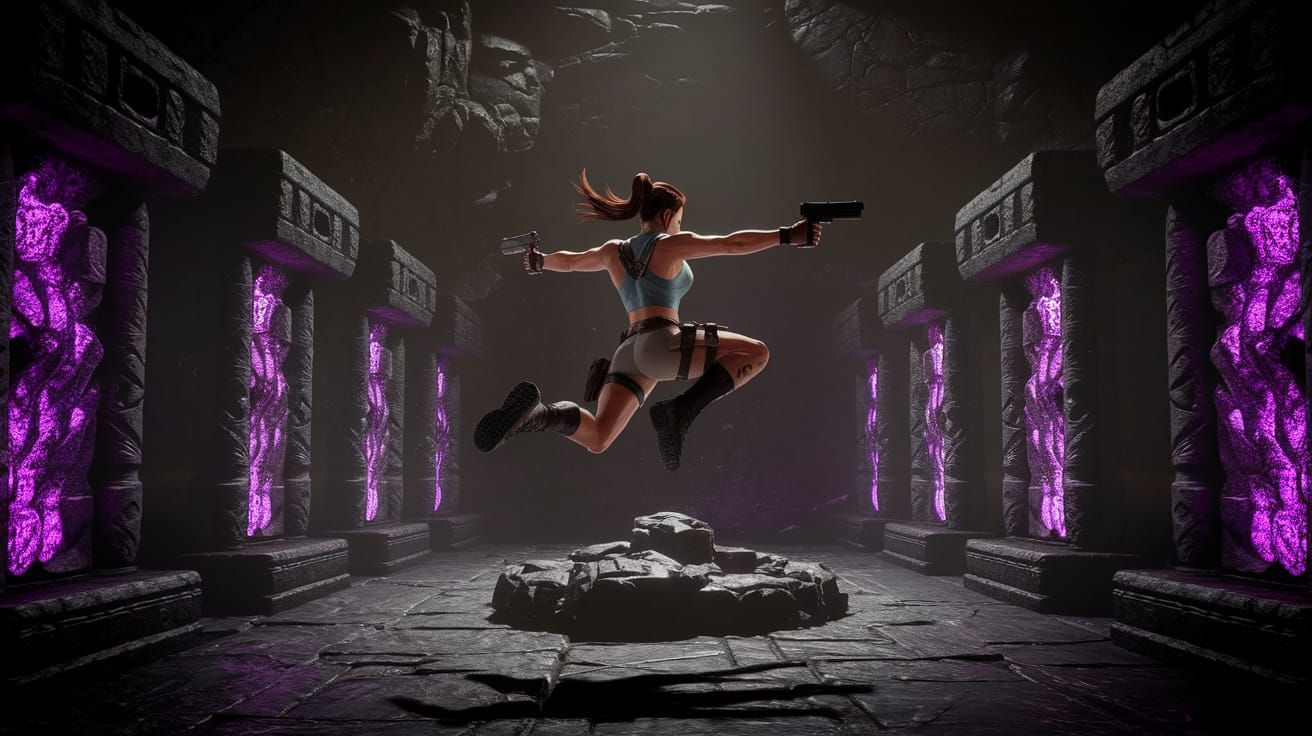 Lara Croft Leaps in Ancient Temple, Art Nouveau Style