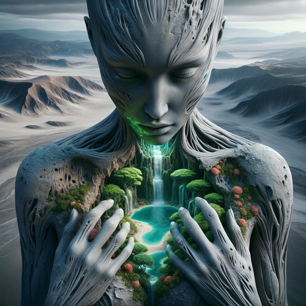 Surreal Lava-Ice Woman Protecting Oasis