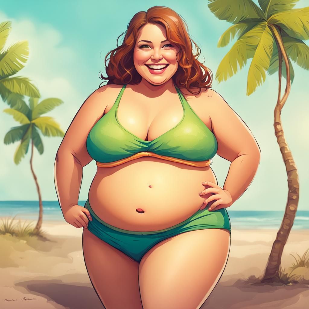 Smiling Short Woman with a Gigantic Belly in Bikini