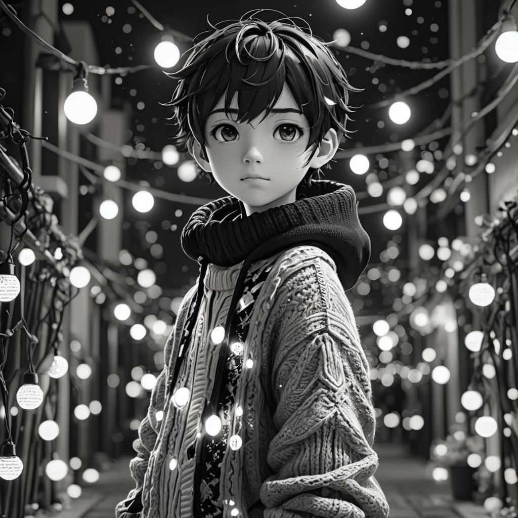 Kawaii Boy in Night Lights: Black and White Anime Art