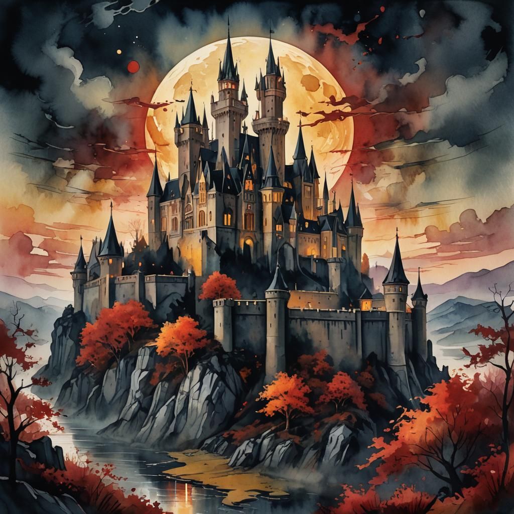 Gothic Castle Blood Moon: Surreal Digital Watercolor