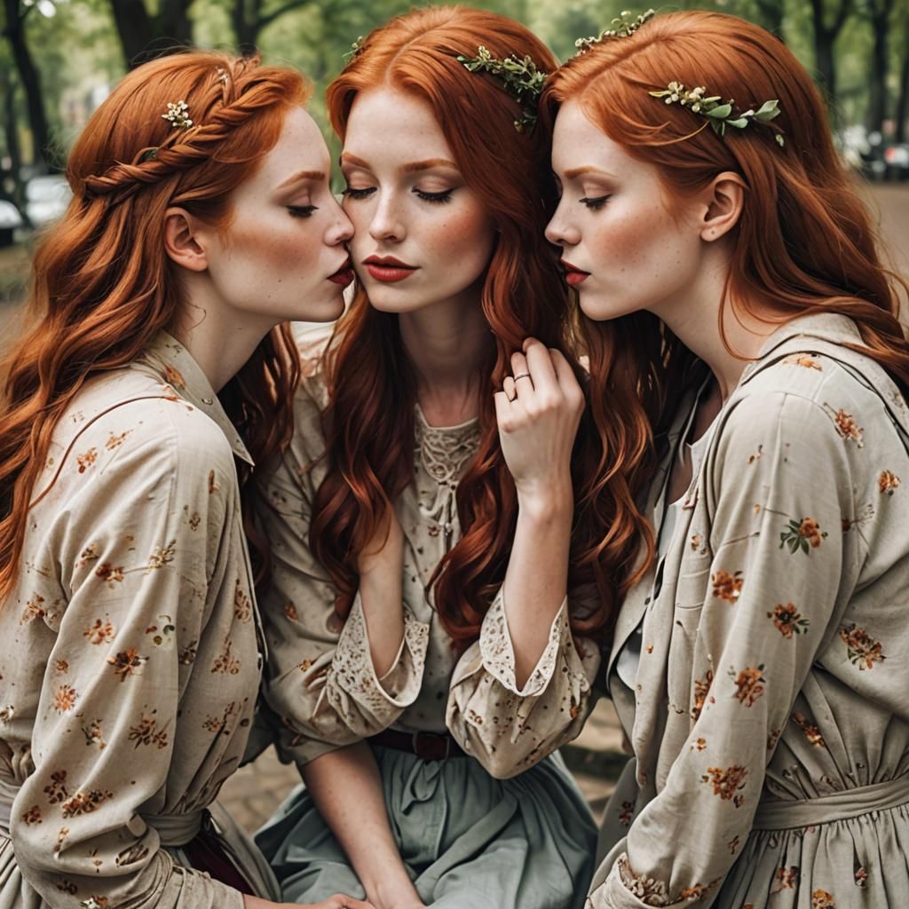 Three Redhead Women Kissing