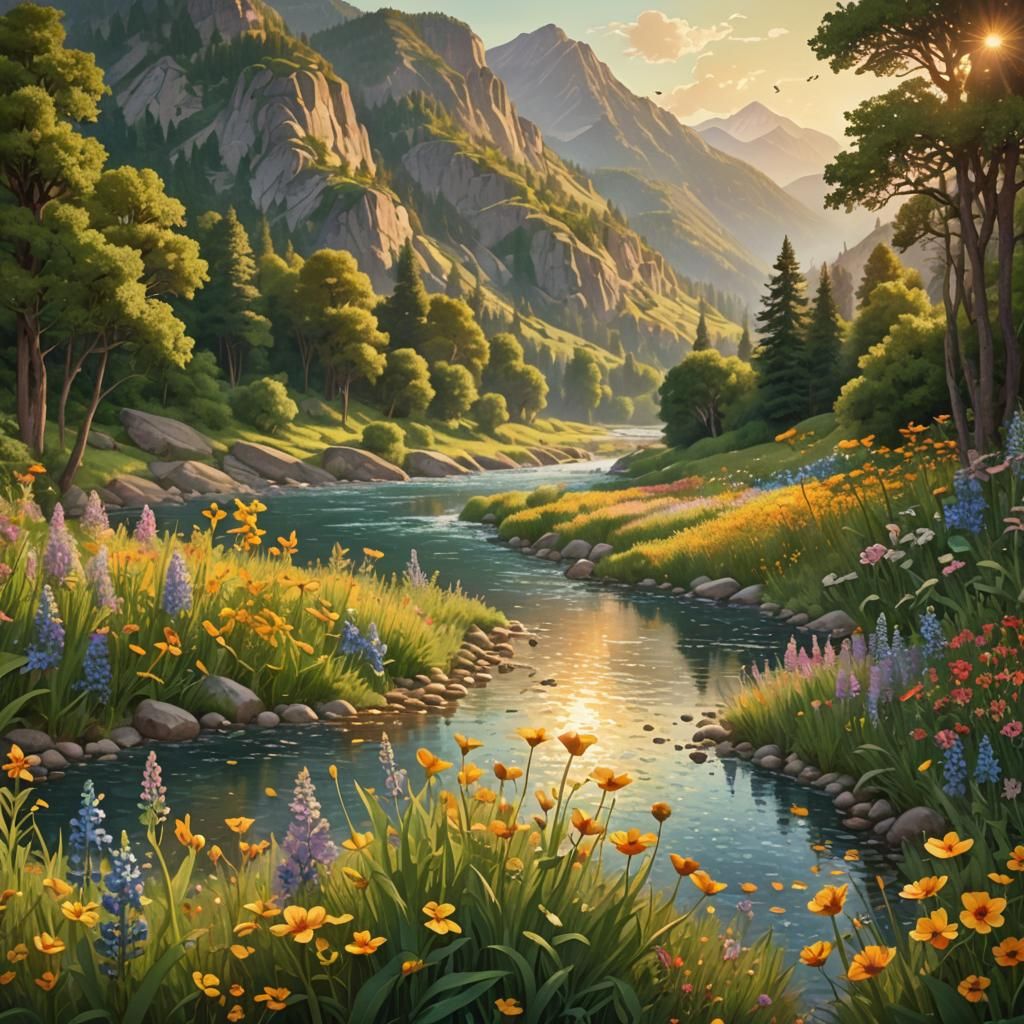 Pointillist River Landscape with Birds and Butterflies