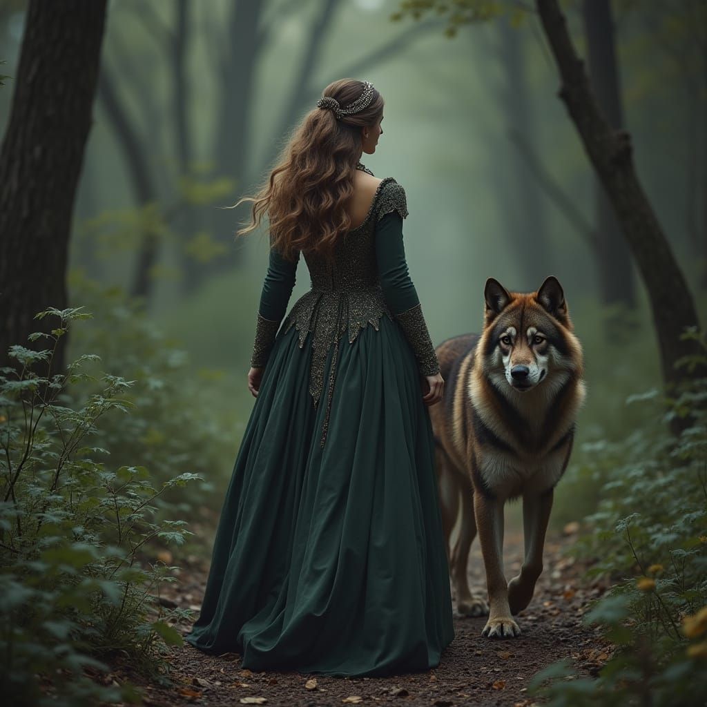 Gothic Princess in Forest with Wolfhound