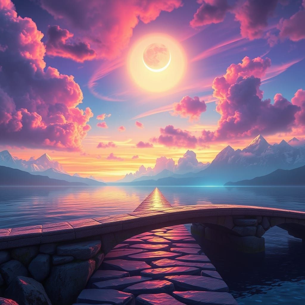 Stone Bridge at Sunset with Neon Moonrise