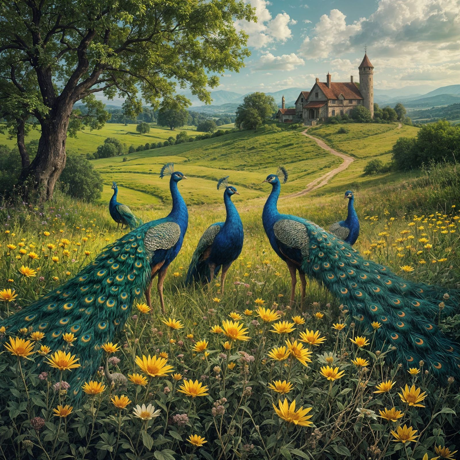 Majestic Peacocks in a Whimsical Countryside